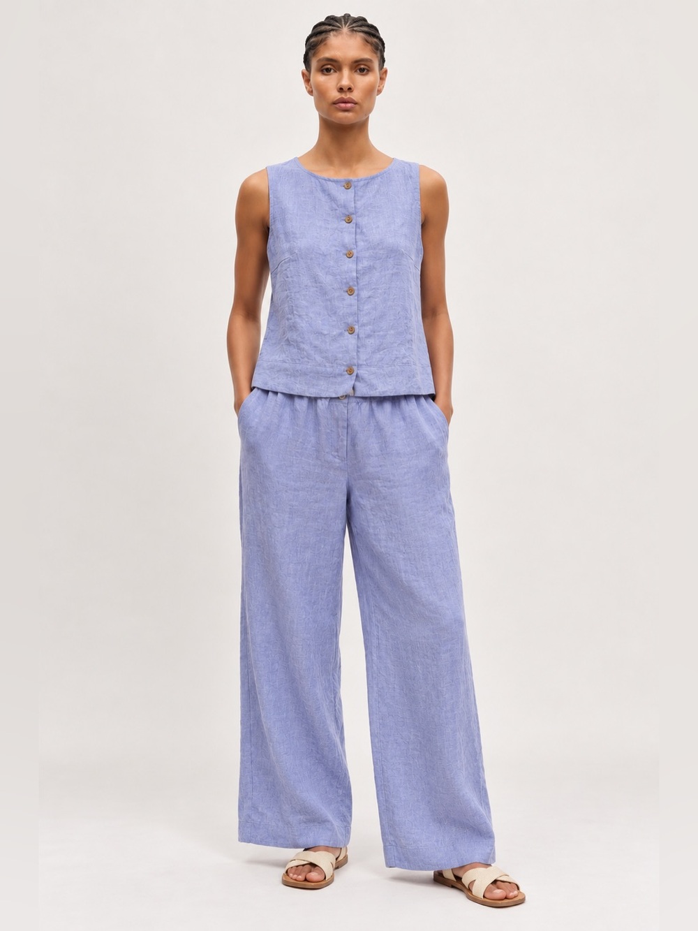 Linen Blend Sleeveless Chambray Button-Front Pant Set in Periwinkle